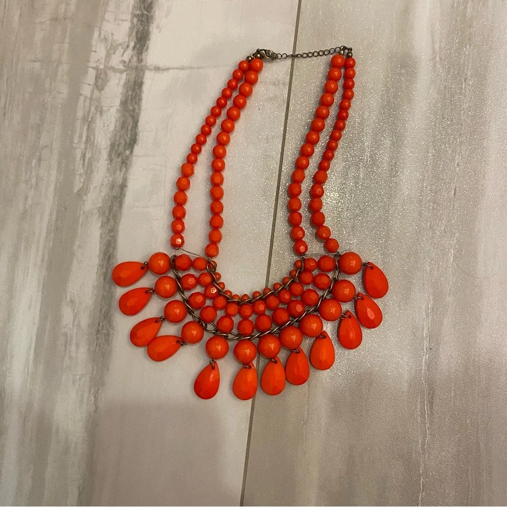 Vintage Early 2000s Vibrant Orange Composite Beaded Statement Bib Necklace